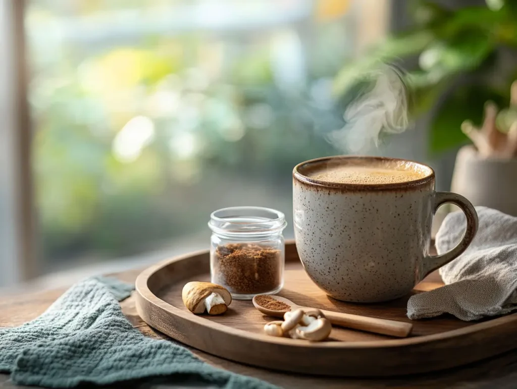 Tasse de café adaptogène fumant sur un plateau en bois, accompagnée de champignons et de sucre brun.