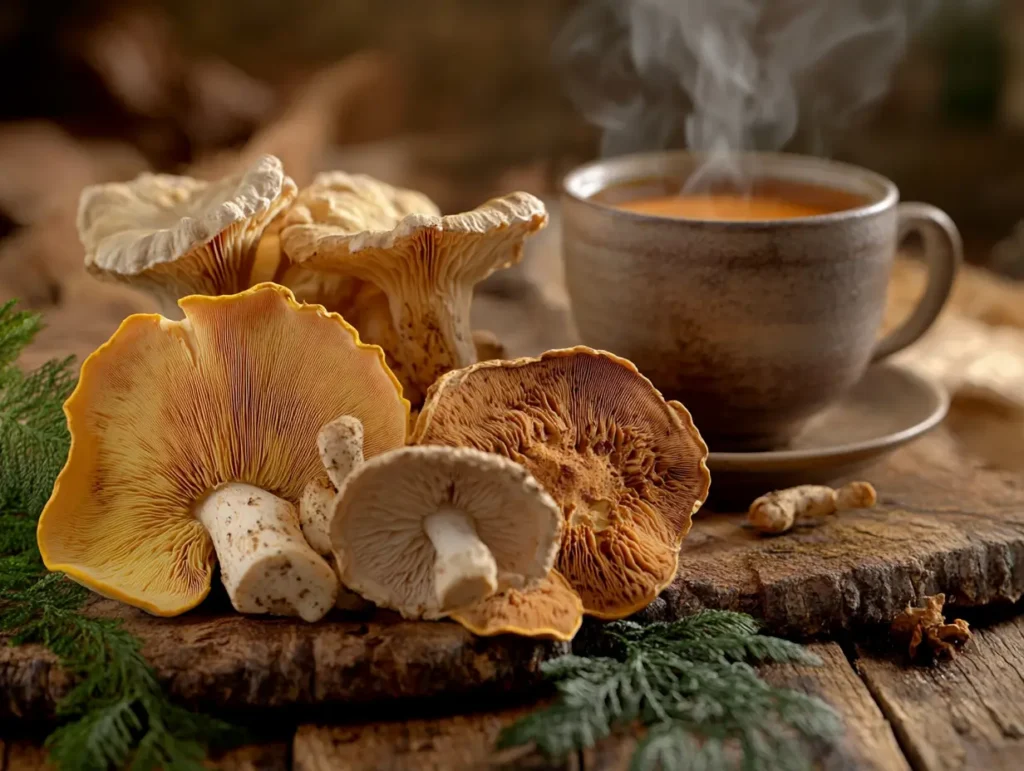 Champignons adaptogènes disposés sur une table rustique avec une tasse de thé fumant en arrière-plan.