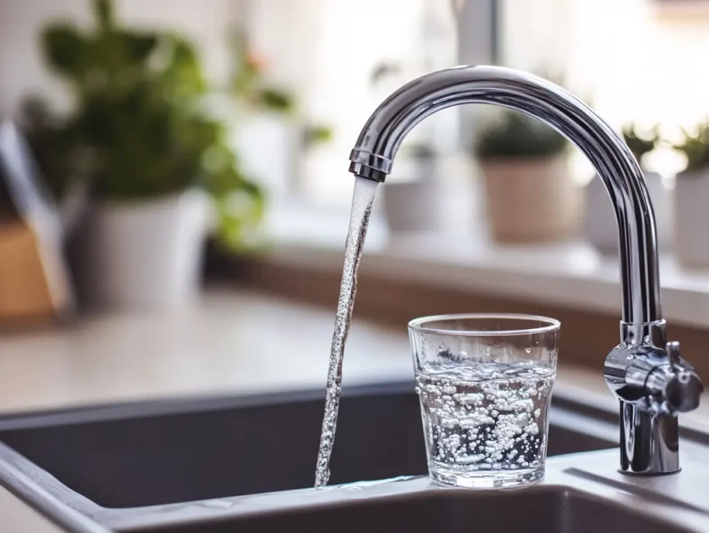 Verre d'eau rempli au robinet de cuisine avec filtre, eau claire et propre