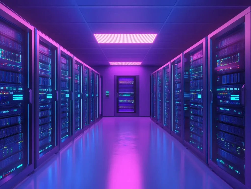 Salle de serveurs modernes avec un éclairage néon violet et bleu, illustrant un centre d’hébergement web de haute performance.