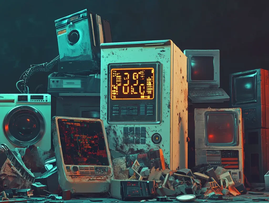 Appareils électroniques et électroménagers abandonnés illustrant l’obsolescence programmée.