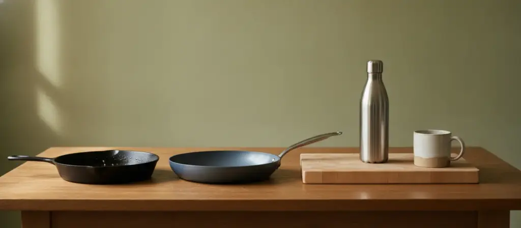 Poêle en fonte, poêle en acier, gourde en inox, planche en bois et mug en grès sur une table en chêne