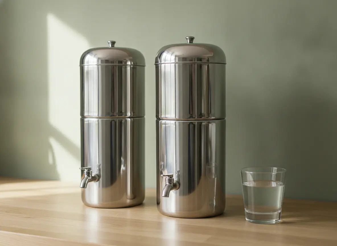 Deux filtres à eau par gravité en inox posés sur un plan de travail, avec un verre d’eau