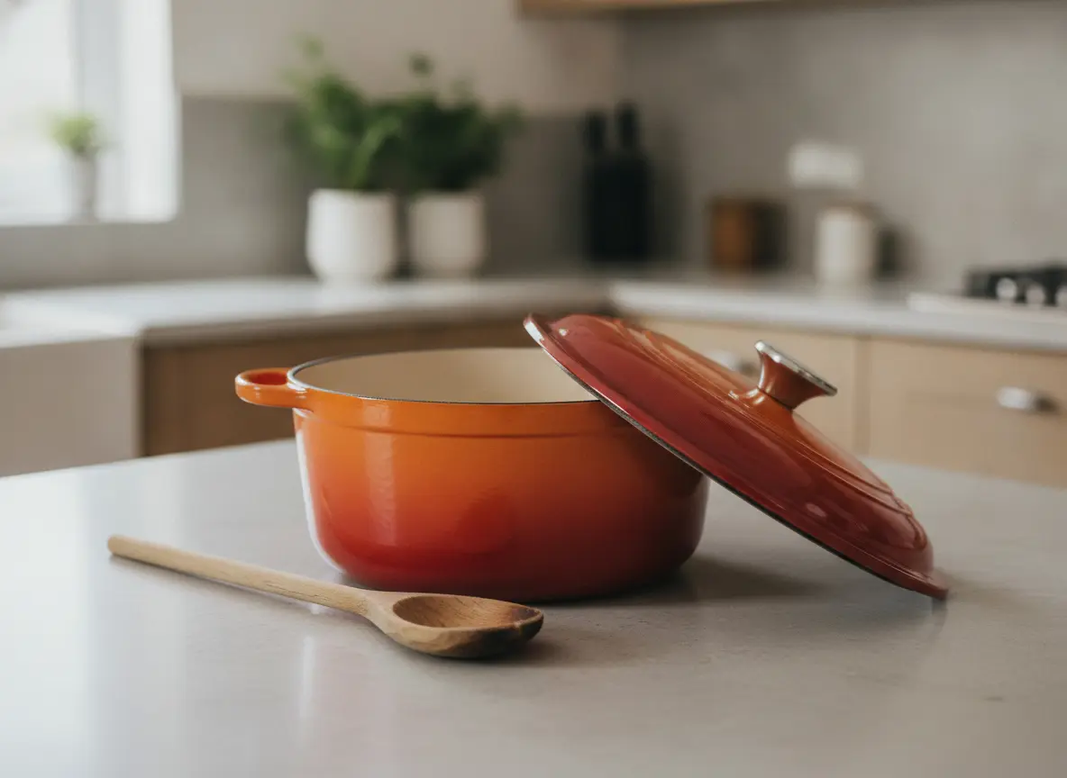Cocotte en fonte émaillée orange sur un plan de travail