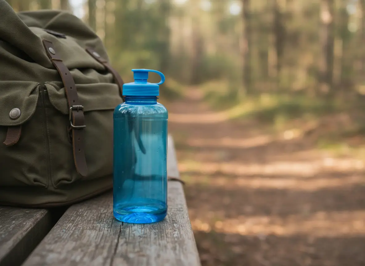 Bouteille réutilisable bleue posée sur un banc en bois à côté d’un sac de randonnée