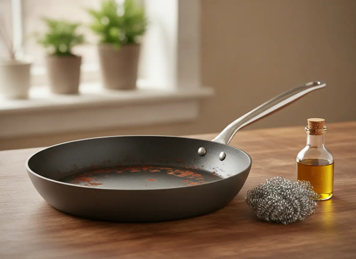 Poêle en acier avec des traces de rouille, laine d’acier et huile