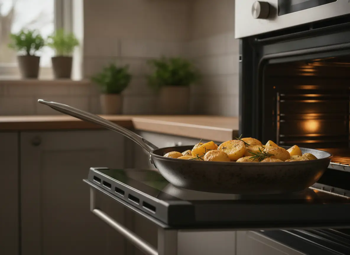 Poêle en acier garnie de pommes de terre devant un four ouvert