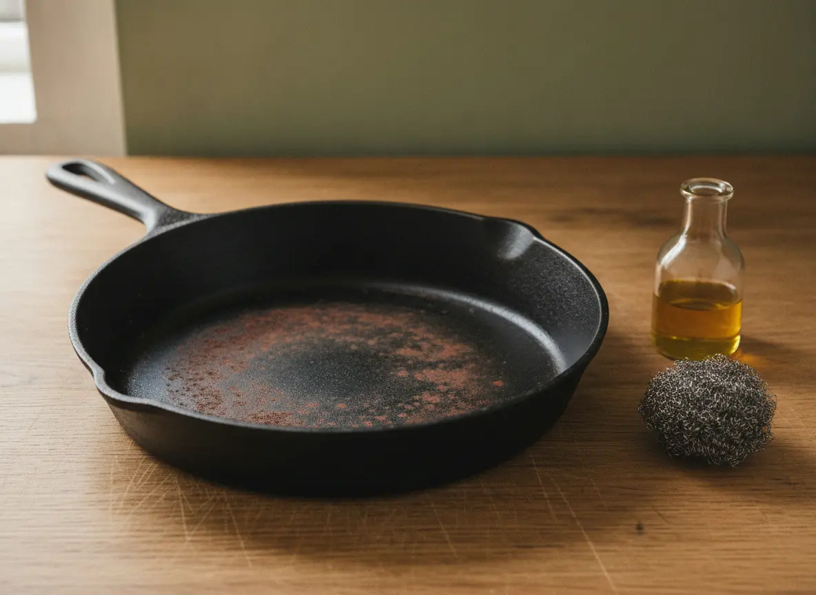 Poêle en fonte tachée de rouille sur un plan de travail, avec de la laine d’acier et une fiole d’huile